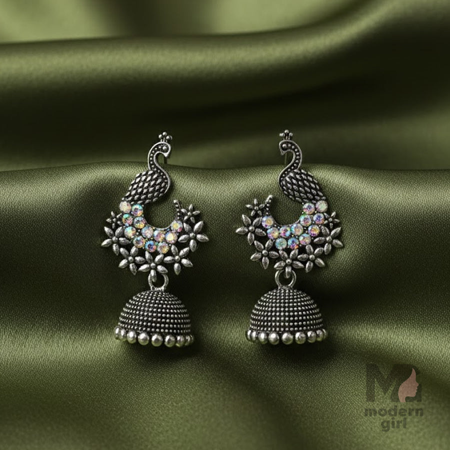 Oxidised Peacock Floral Jhumka Earrings