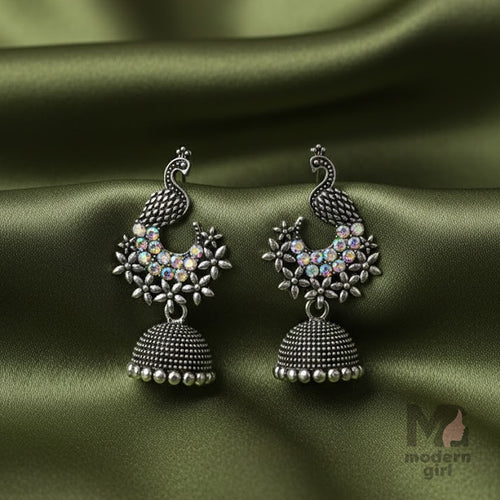 Oxidised Peacock Floral Jhumka Earrings