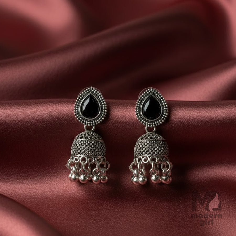 Oxidised Black Stone Teardrop Jhumka Earrings