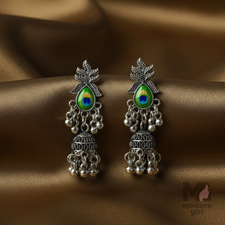 Oxidised Peacock Feather Stone Jhumka Earrings