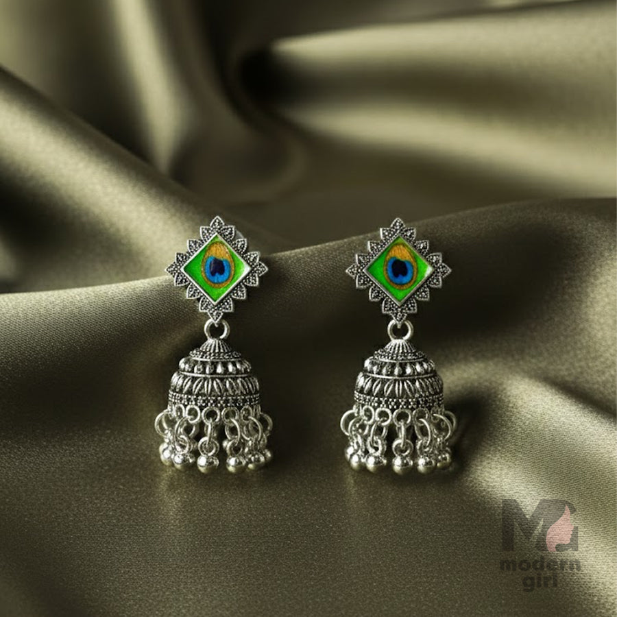 Oxidised Peacock Eye Square Stud Jhumka Earrings