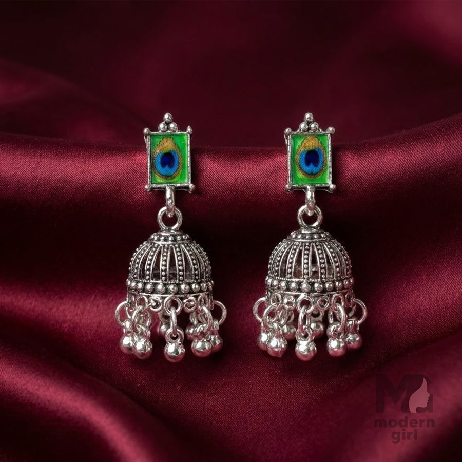 Peacock Feather Square Stud Jhumka Earrings – Silver Tone