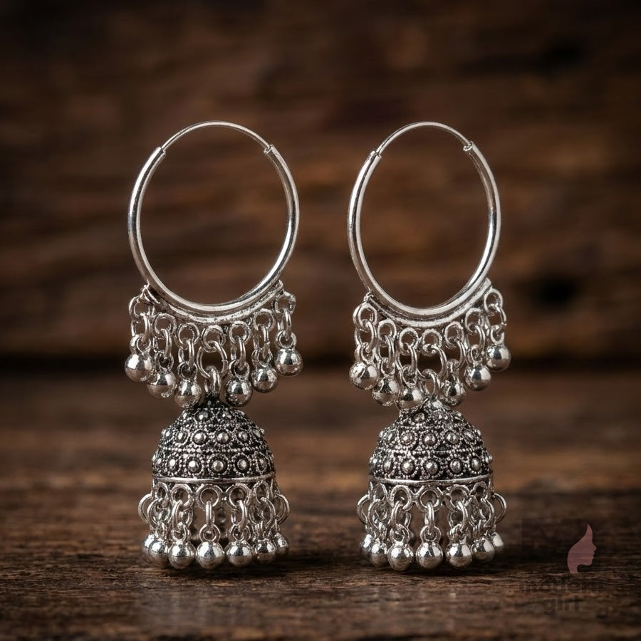 Oxidised Hoop Jhumka Earrings with Ghungroo Drops – Silver Tone
