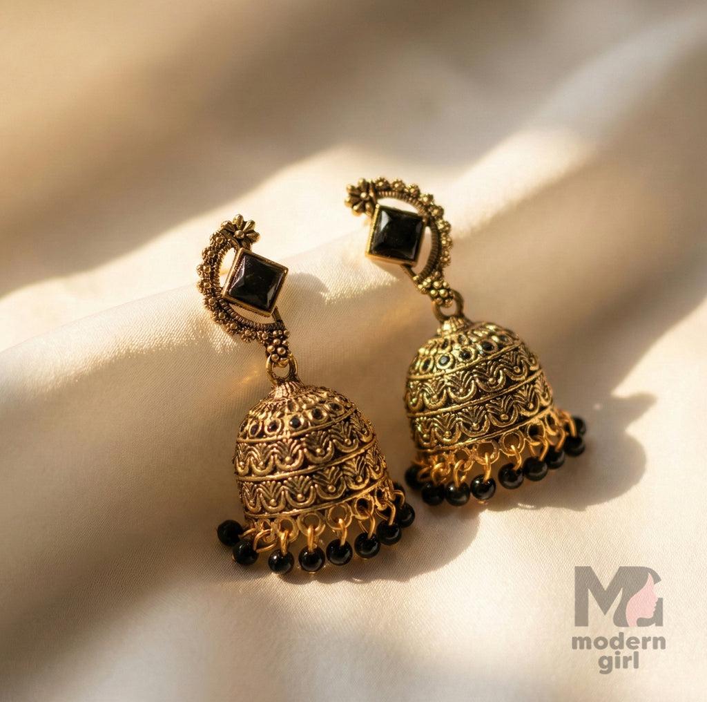 Antique Stone Stud Jhumka Earrings with Bead Drops