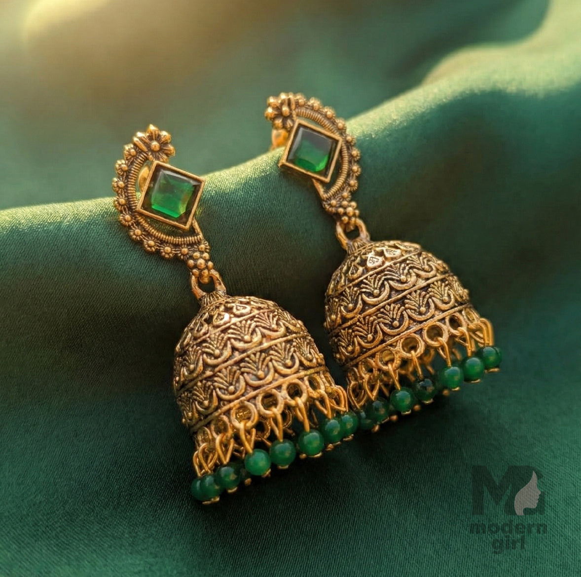 Antique Stone Stud Jhumka Earrings with Bead Drops