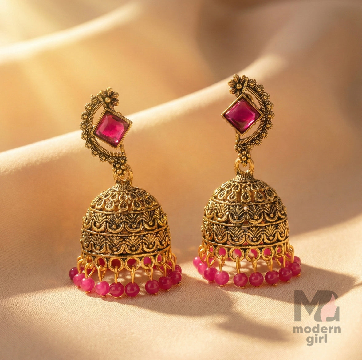 Antique Stone Stud Jhumka Earrings with Bead Drops