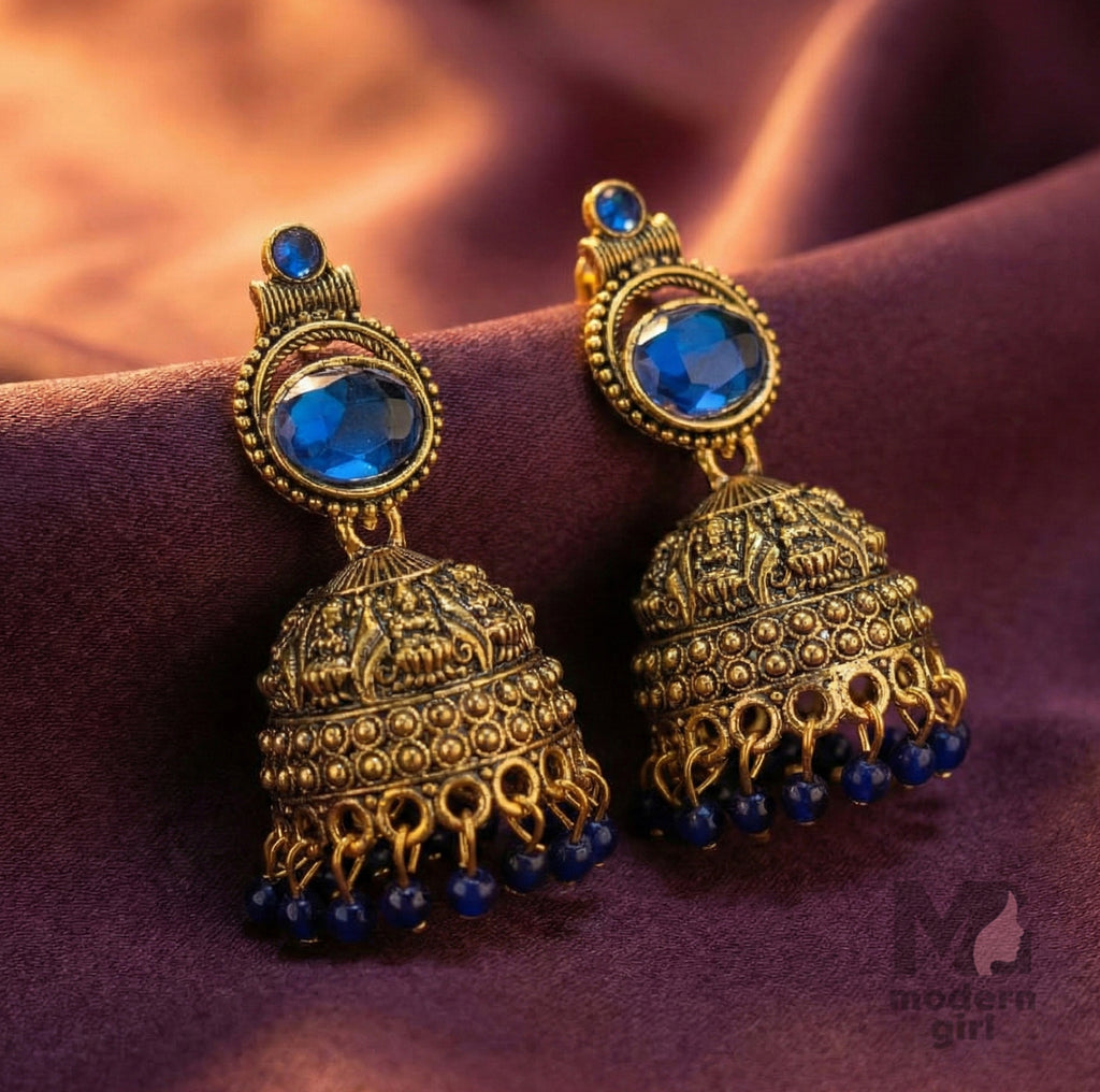 Antique Gold Red Stone Jhumka Earrings with Bead Drops