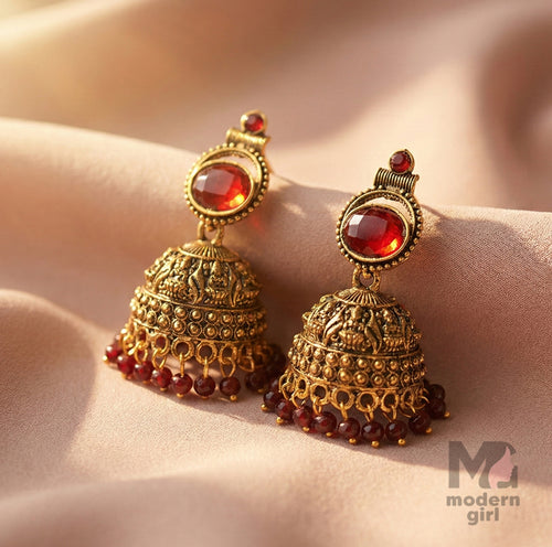 Antique Gold Red Stone Jhumka Earrings with Bead Drops