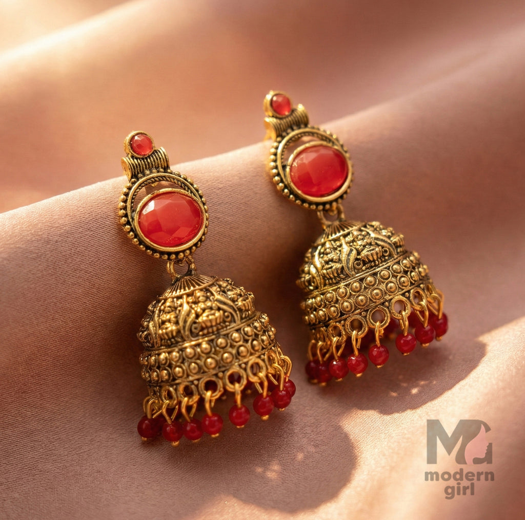 Antique Gold Red Stone Jhumka Earrings with Bead Drops