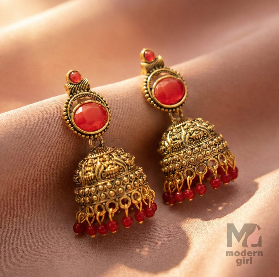 Antique Gold Red Stone Jhumka Earrings with Bead Drops