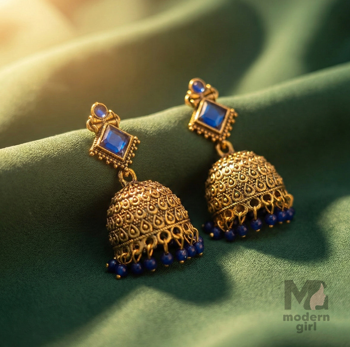 Antique Geometric Stone Jhumka Earrings with Bead Drops