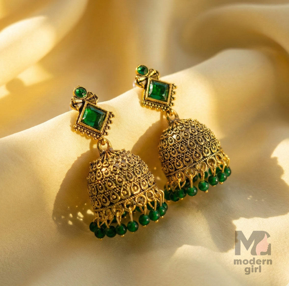 Antique Geometric Stone Jhumka Earrings with Bead Drops