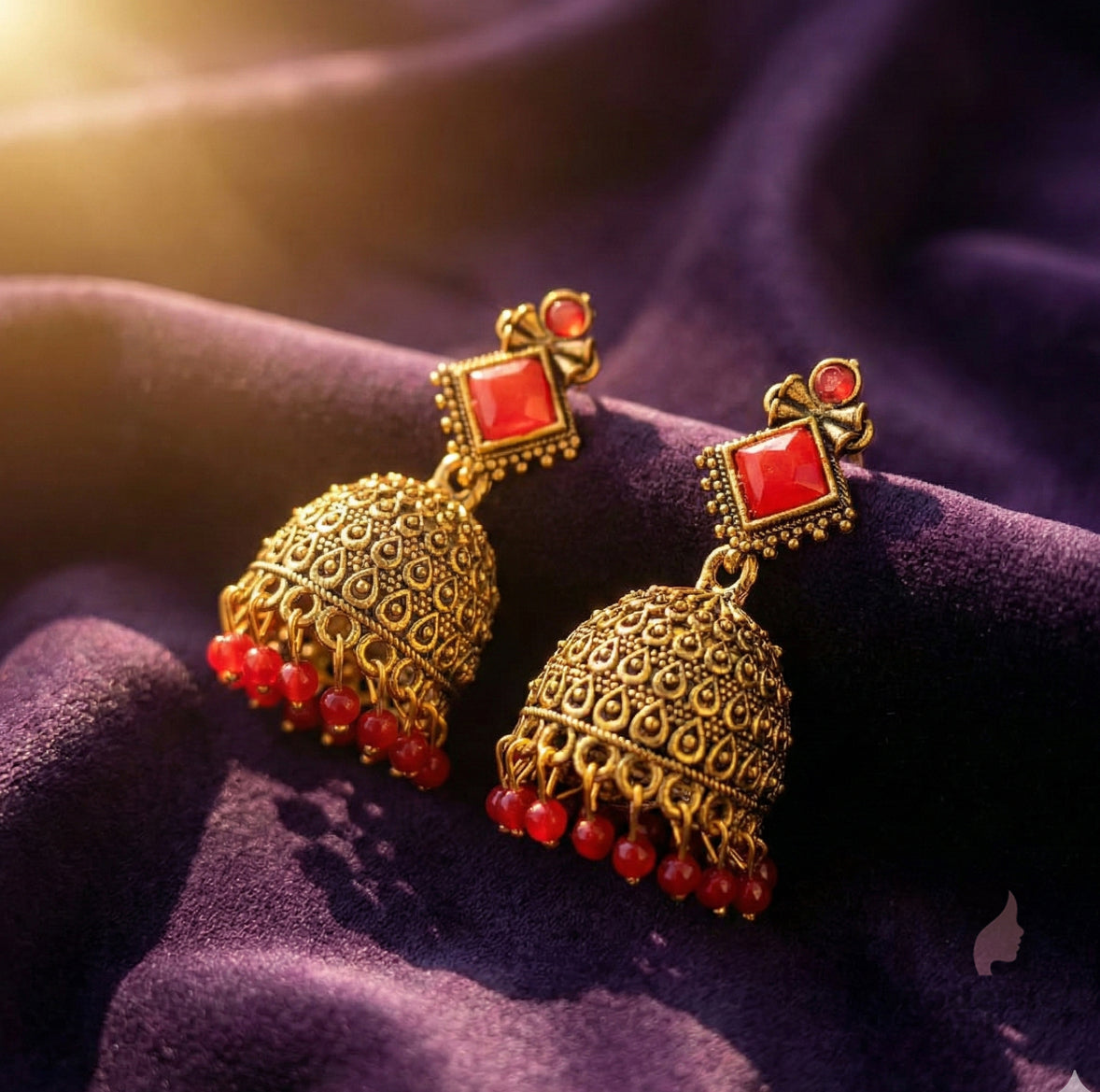 Antique Geometric Stone Jhumka Earrings with Bead Drops