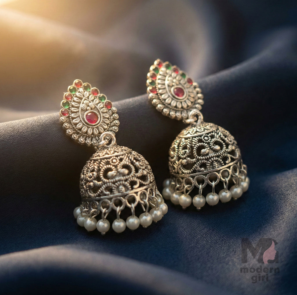 Oxidised Silver Jhumka Earrings with Red & Green Stones