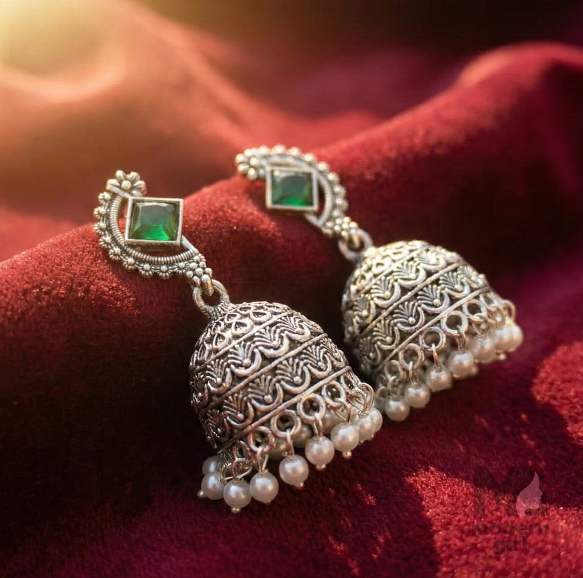 Oxidised Stone Stud Jhumka Earrings with Pearl Drops