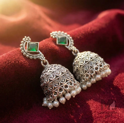 Oxidised Stone Stud Jhumka Earrings with Pearl Drops