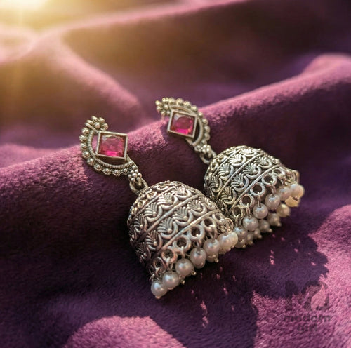 Oxidised Stone Stud Jhumka Earrings with Pearl Drops