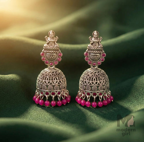 Oxidised Silver Lakshmi Jhumka Earrings with Pink Beads