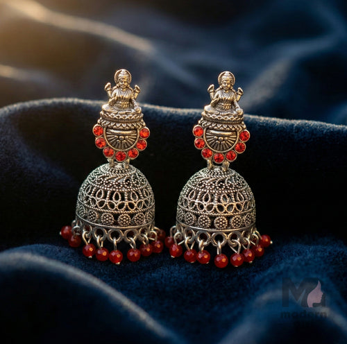 Oxidised Silver Lakshmi Jhumka Earrings with Pink Beads