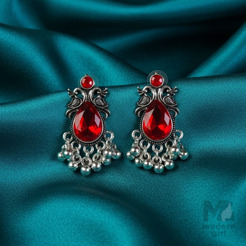 Traditional German Silver Stone Earrings with Beads