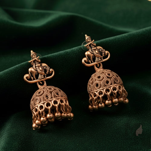 Antique Gold-Plated Temple Jhumka Earrings with Goddess Motif
