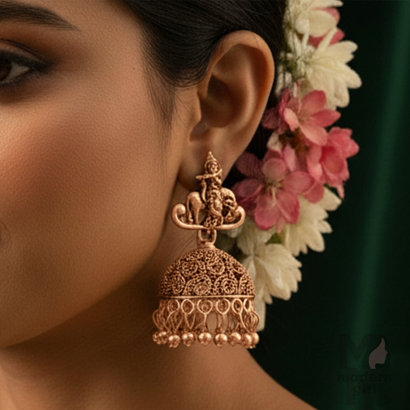 Antique Gold-Plated Temple Jhumka Earrings with Goddess Motif