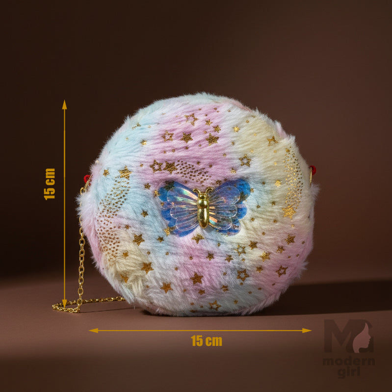 Round Pastel Fur Handbag with Butterfly Charm – Trendy Sling Bag for Women & Girls