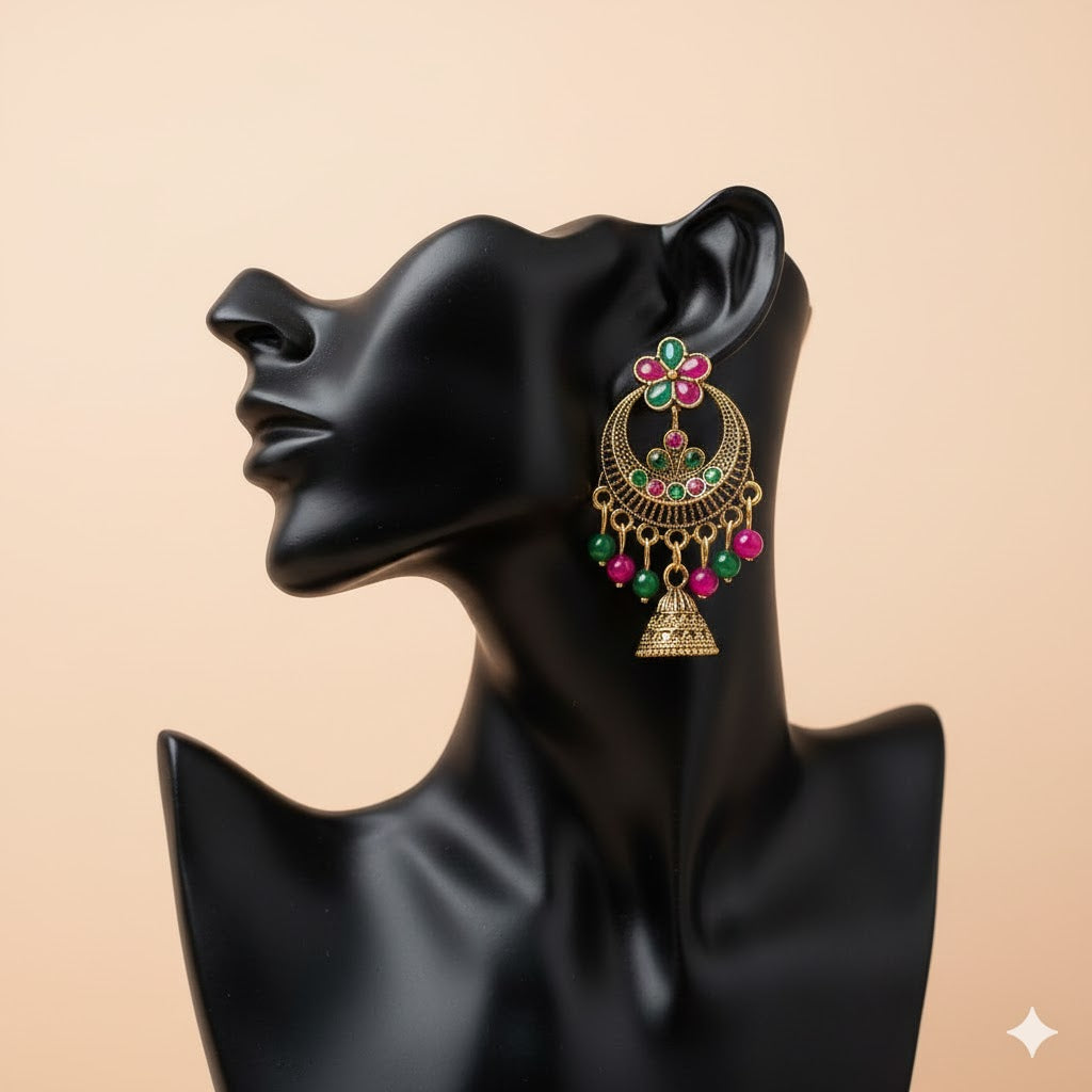 Antique Floral Jhumka – Traditional Gold Finish Chandbali