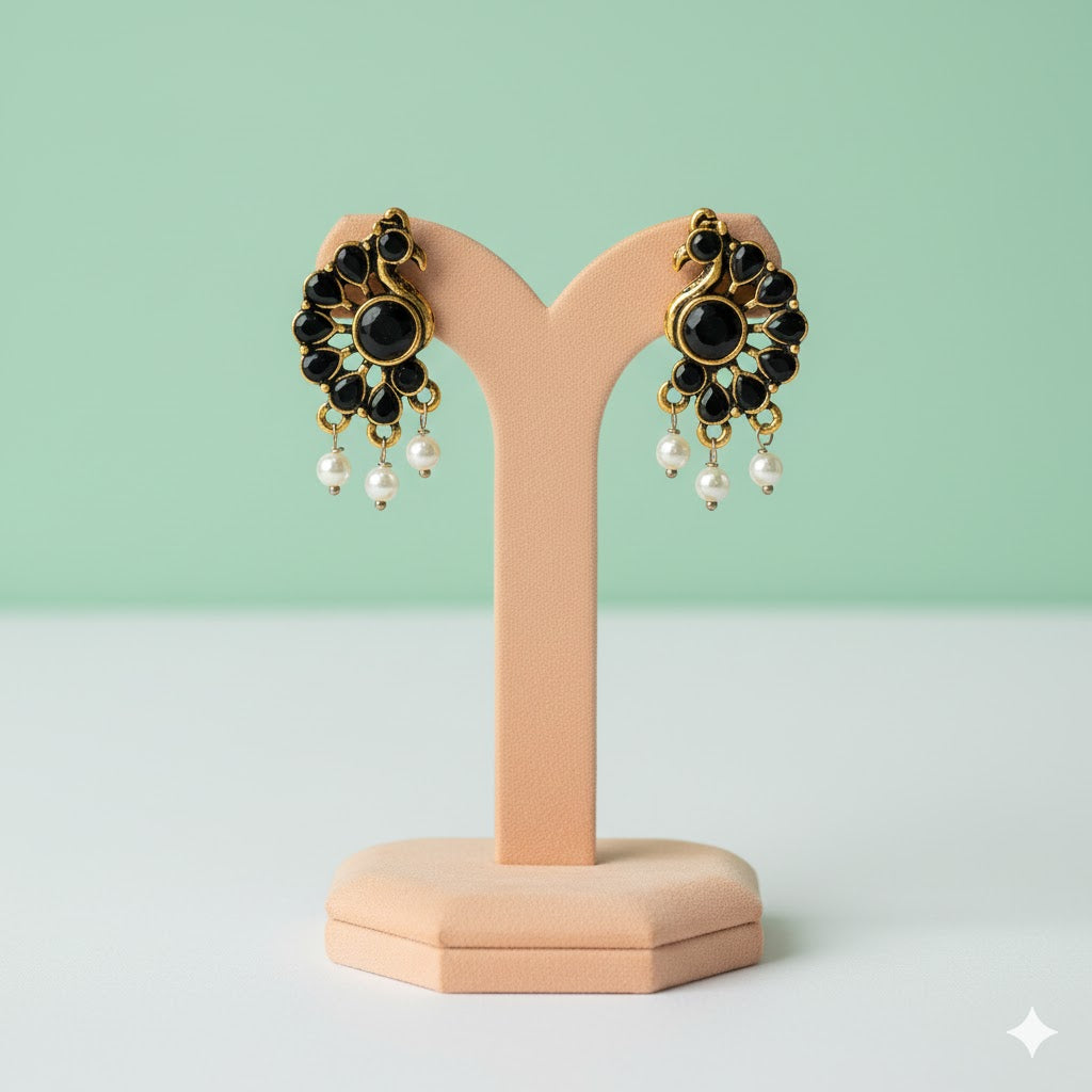 Peacock Stud Earrings with Silver Beads