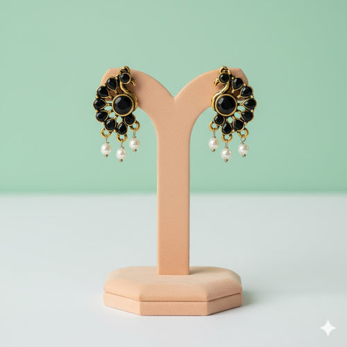 Peacock Stud Earrings with Silver Beads