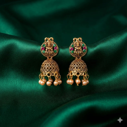 Antique Lakshmi Jhumka  – Temple Style Gold Finish