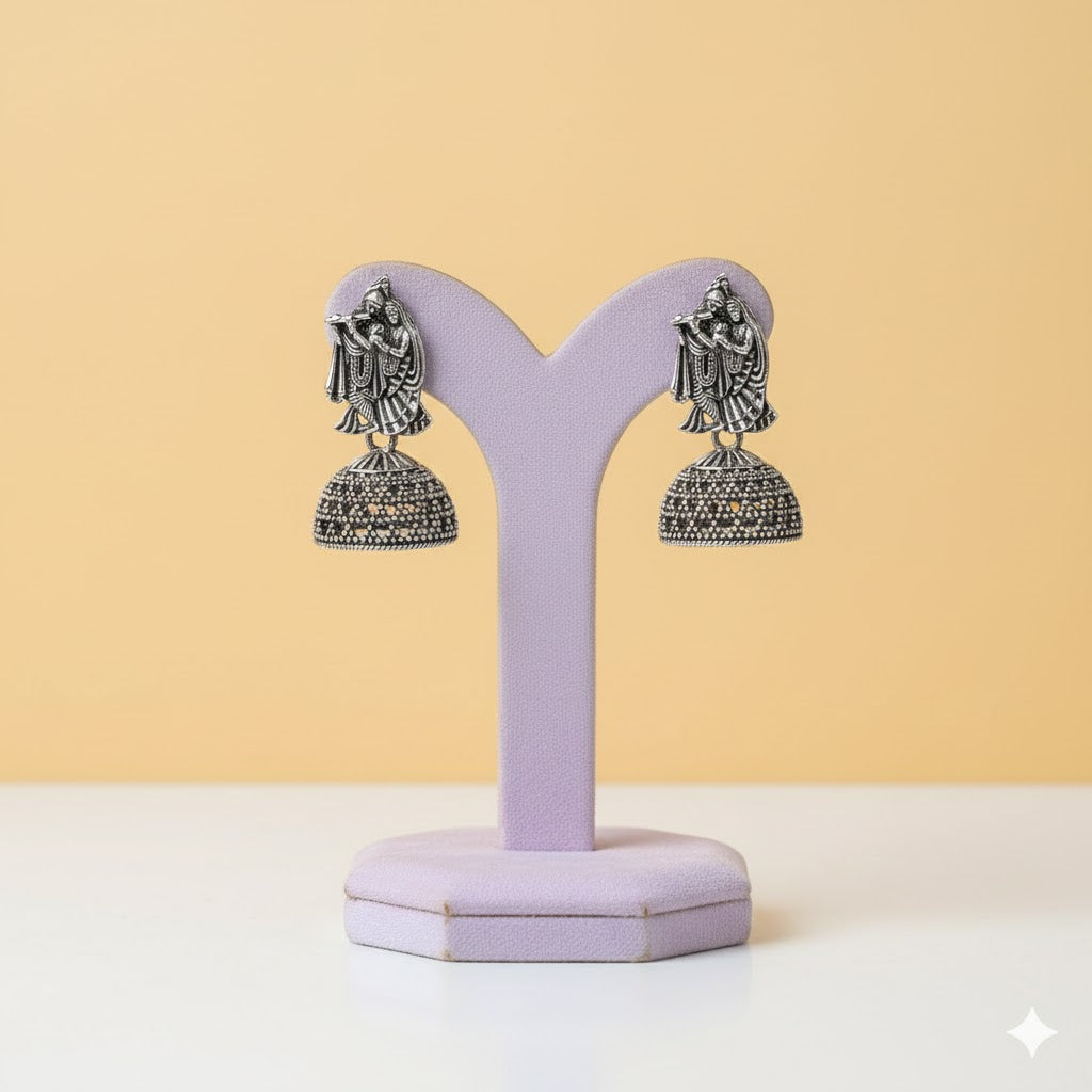 Krishna & Radha Flute Jhumka Earrings – Antique Oxidised Silver