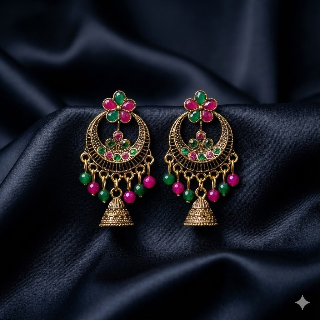 Antique Floral Jhumka – Traditional Gold Finish Chandbali