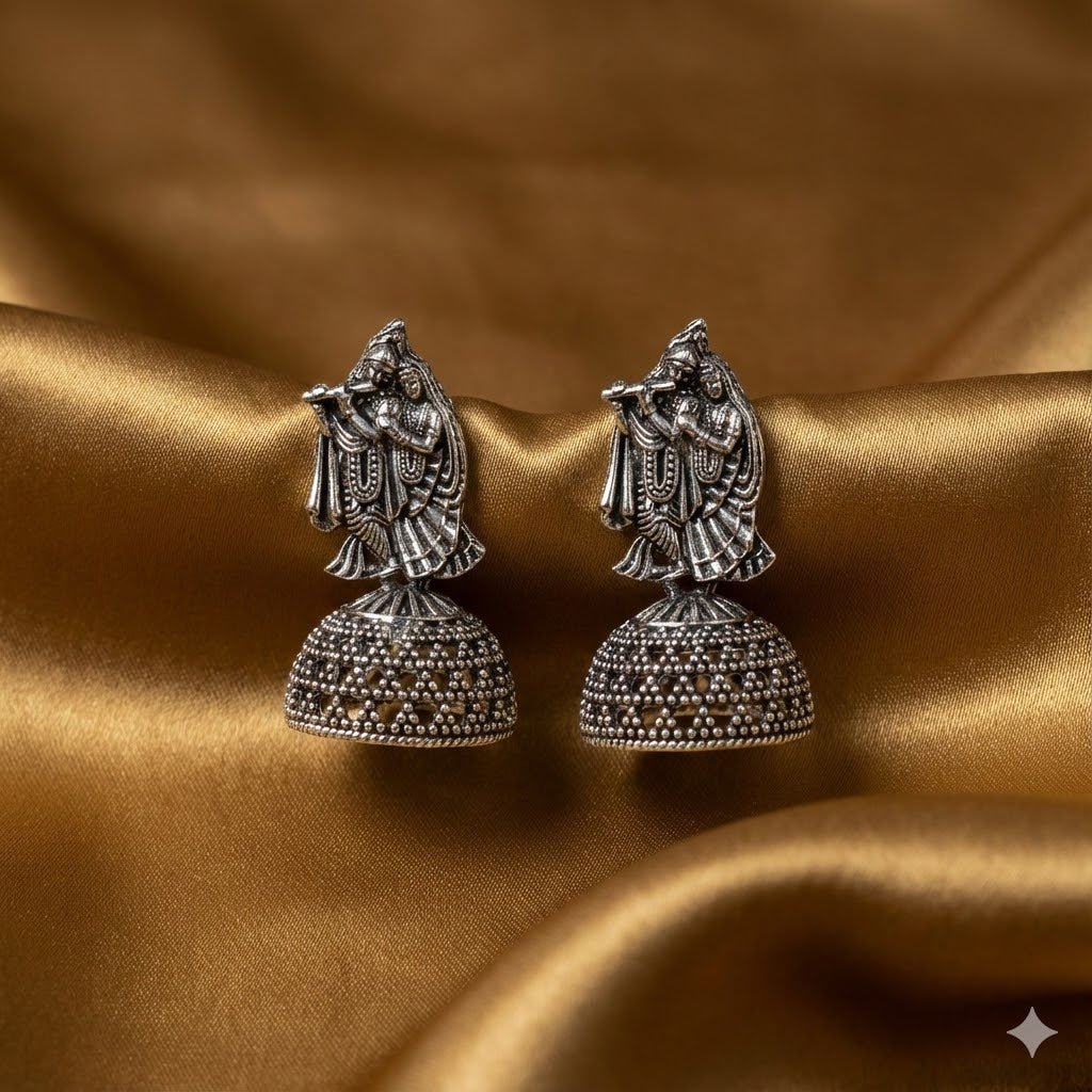 Krishna & Radha Flute Jhumka Earrings – Antique Oxidised Silver