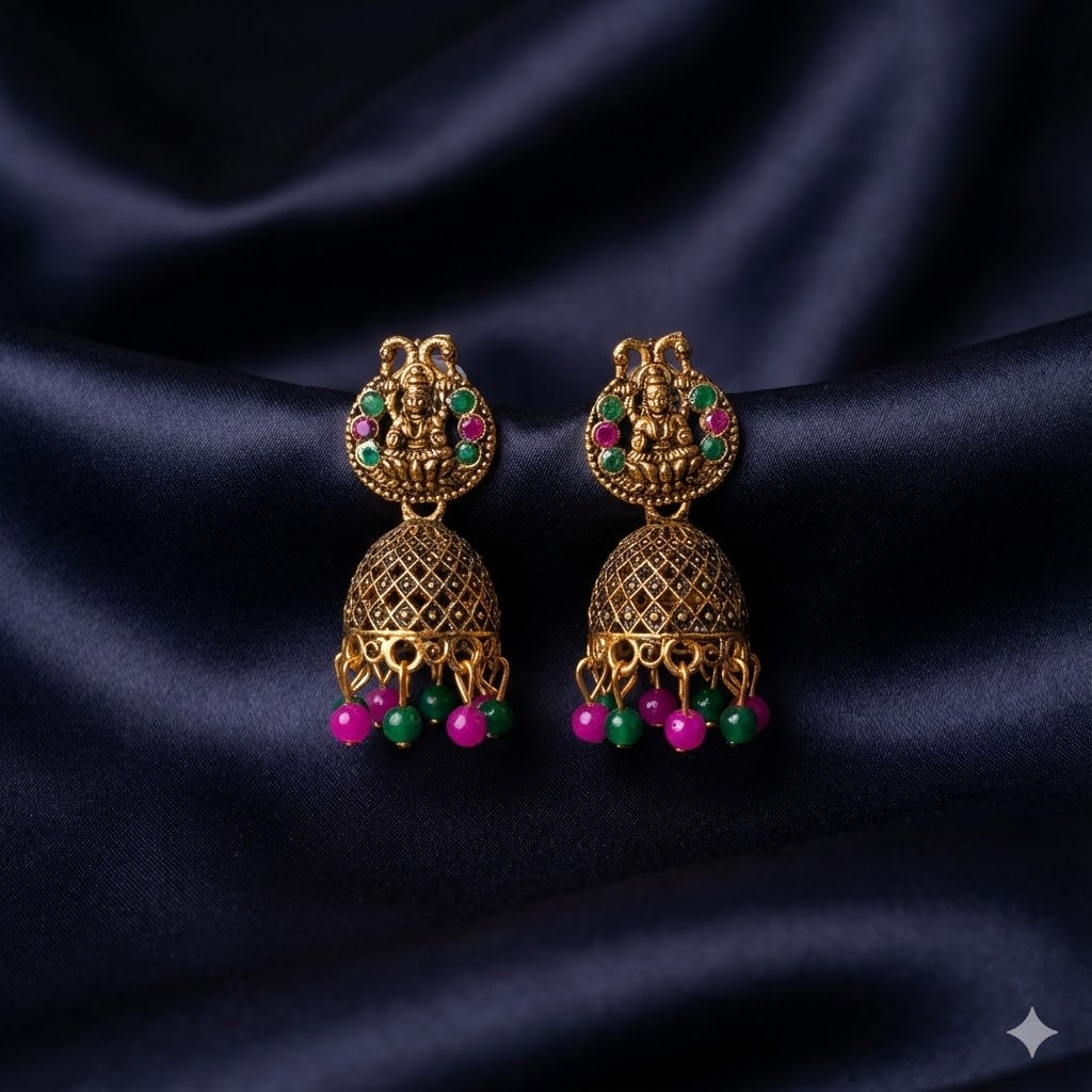 Antique Lakshmi Jhumka  – Temple Style Gold Finish