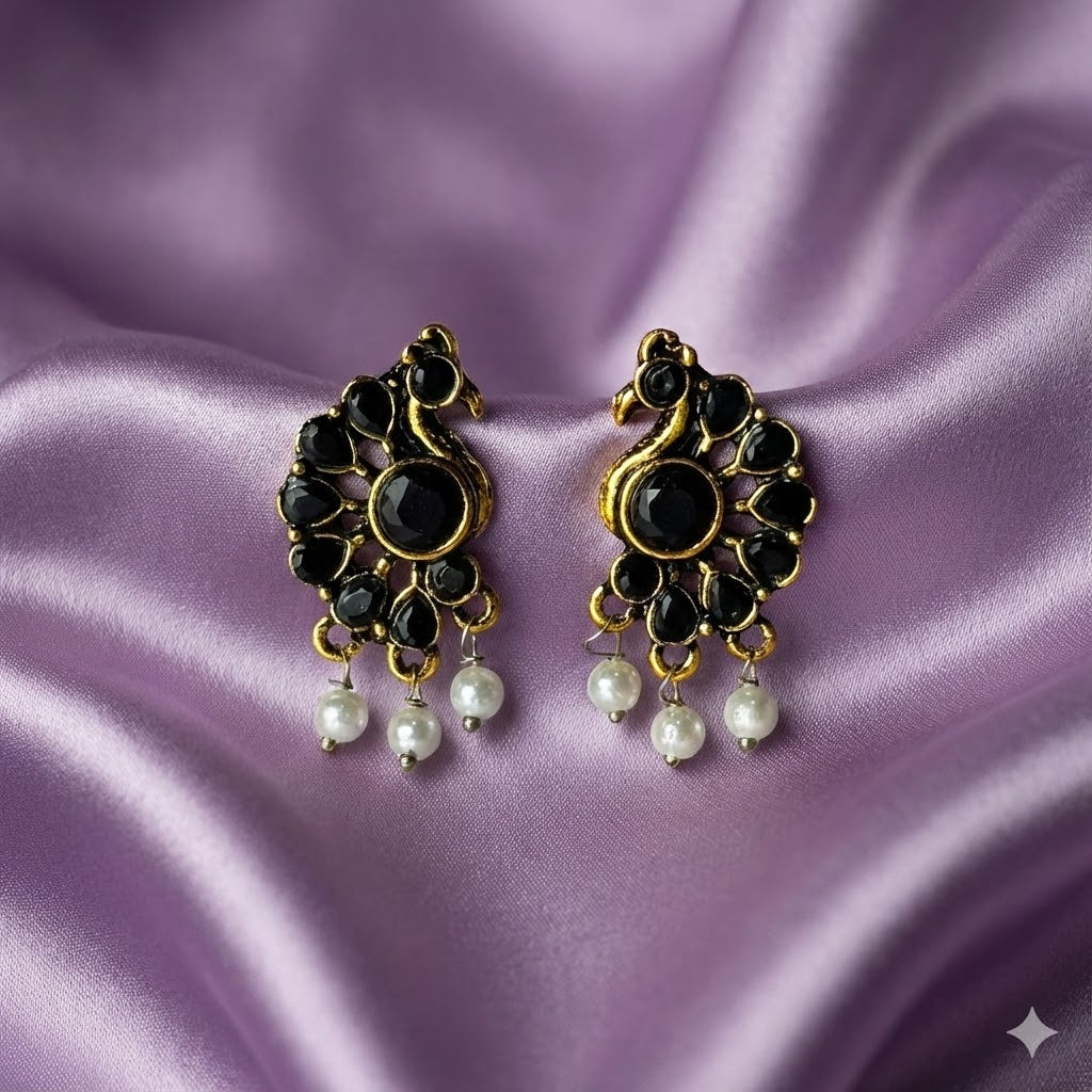 Peacock Stud Earrings with Silver Beads