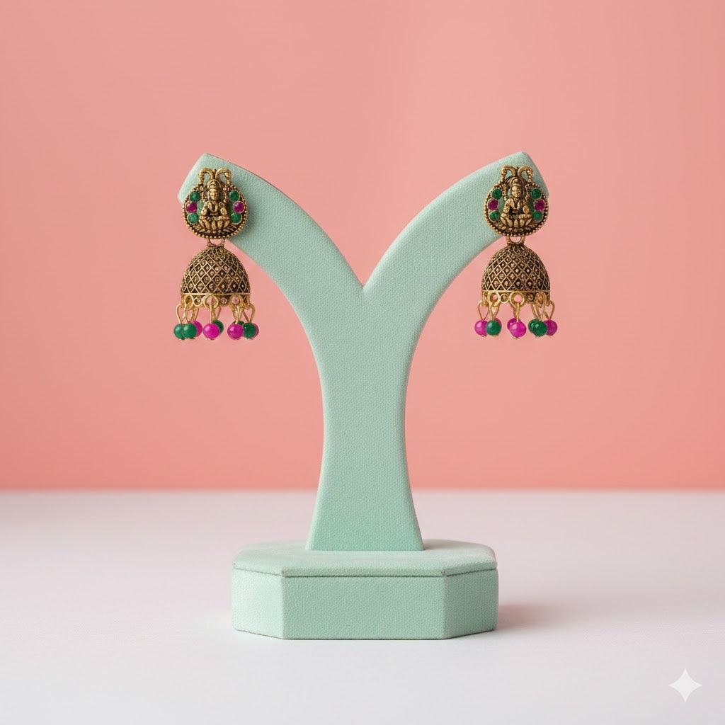 Antique Lakshmi Jhumka  – Temple Style Gold Finish