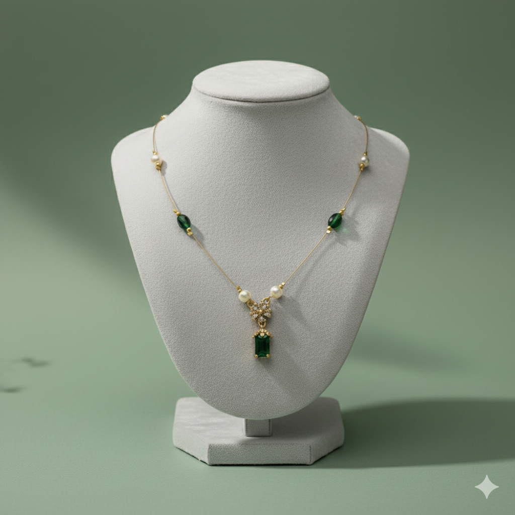 Invisible Chain Necklace with Green Stone & Pearls